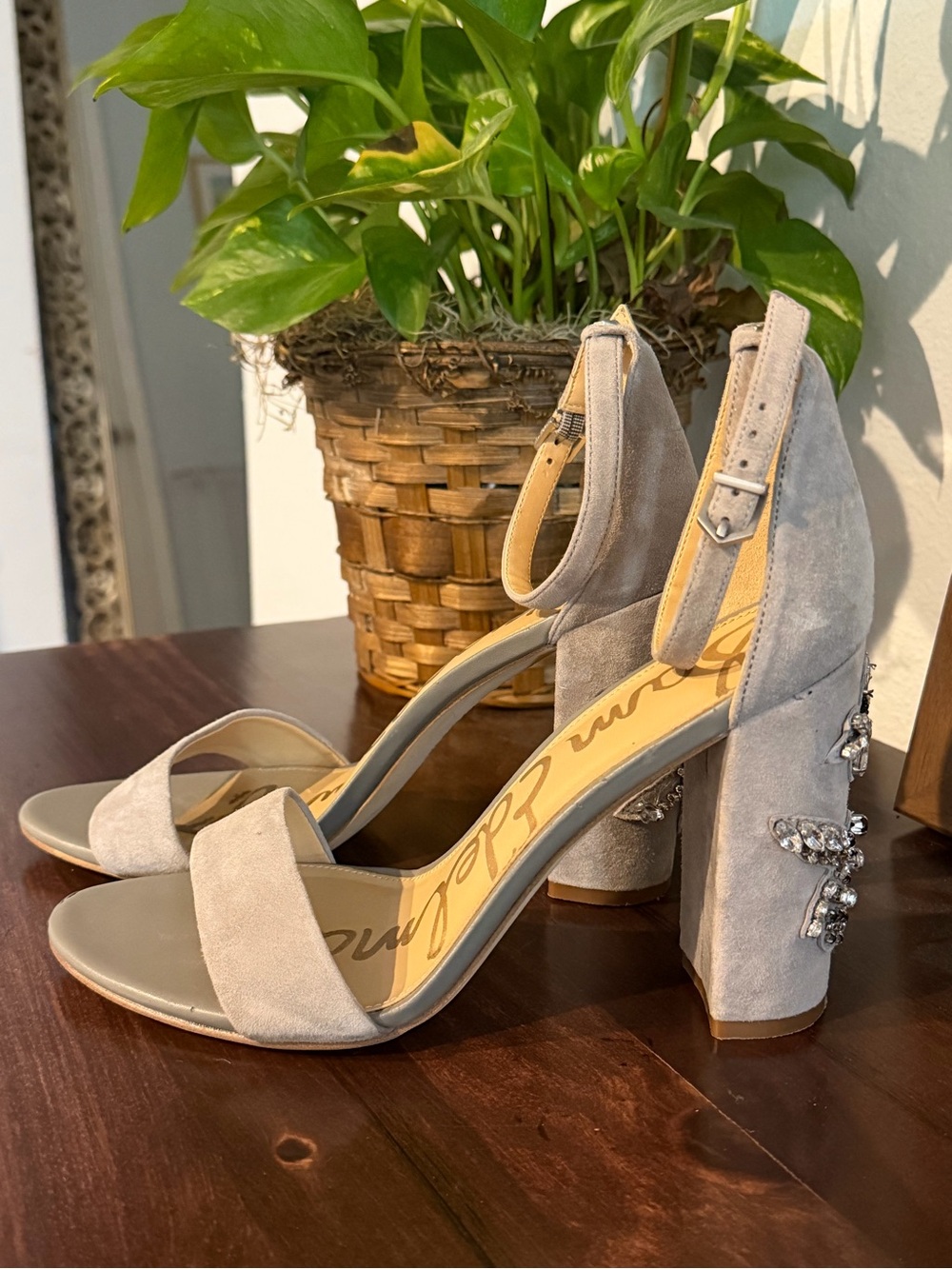 Sam Edelman Light Gray Suede Crystal Block Heel Sandals